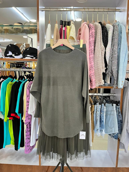 Casual Batwing Sleeves Pullover And Net Long Skirts